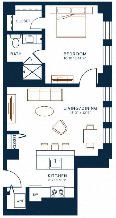 Floor plan for 1 bed, 1 bath, 694 sqft